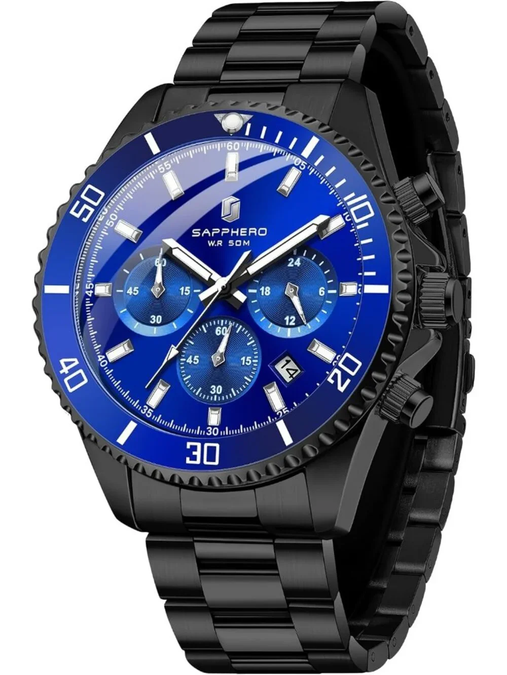Men's Black Strap Blue Face Quartz Chronograph Stainless Steel Waterproof Watch